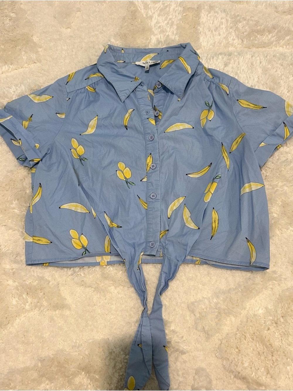 Milly Banana Print Bonnie Top - Blue Short-Sleeve Tie-Front Button-Down - Picture 3 of 12